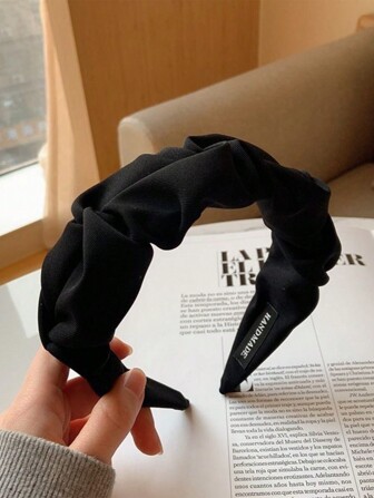 1pc Black Ruched Wide-Brim Solid Color Hair Hoop, Fashionable Retro Style Hair Accessory,Hairband,Hair Hoop Headbands