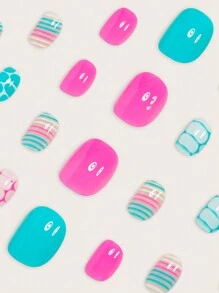 Bộ 24 móng tay giả kiểu Pháp bóng hình vuông ngắn thanh lịch màu xanh lá cây, hồng, sọc, trắng, đa năng và phù hợp cho phụ nữ và trẻ em gái sử dụng hàng ngày, bộ móng tay có thể tháo rời kèm gel thạch và dũa (gel thạch màu ngẫu nhiên) phụ kiện làm móng - Nhiều màu - Xem 4