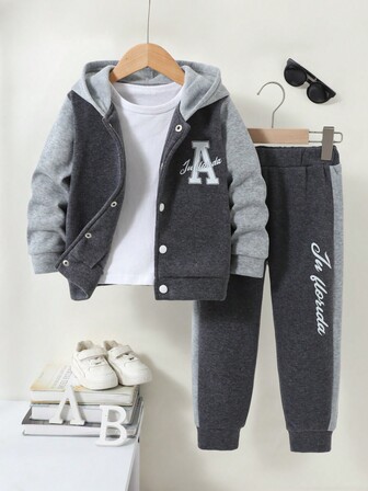 2pcs Young BoyCasual Comfortable Sports "A" Letter Graphic Button Contrast Color Sweatshirt + Patchwork Pants Set, Autumn/Winter