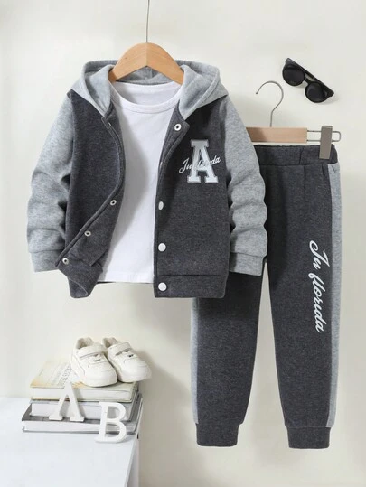 2pcs Young BoyCasual Comfortable Sports "A" Letter Graphic Button Contrast Color Sweatshirt + Patchwork Pants Set, Autumn/Winter