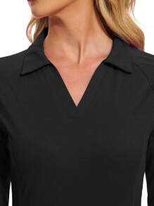 MathCat Women's Long Sleeve Golf Shirts UPF50+ Quickly Dry Tennis Polo Lightweight Sports Athletic Tops - 黑色 - 查看 3