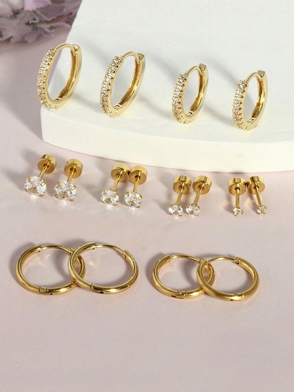 16pcs Fashion Earrings Set With Cubic Zirconia Decoration, Gold & Silver Stainless Steel Pierced Earrings