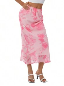 Women Half Dress, Floral Straight Loose Slimming Low Waist Summer Fall Pink Flowing Skirt - Rosa - Ver 8
