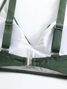 2pcs/Set Women Sexy V-Neck Cross-Front High Waist Solid Green Bikini Swimwear, For Summer Beach Vacation