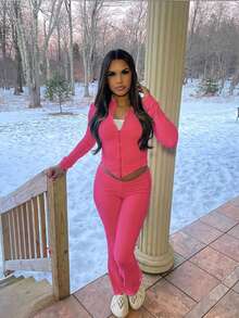 Zipper Spliced Asymmetric Top With V Waist Tight-Fitting Flared Pants Set For Women - Hot Pink - View 2