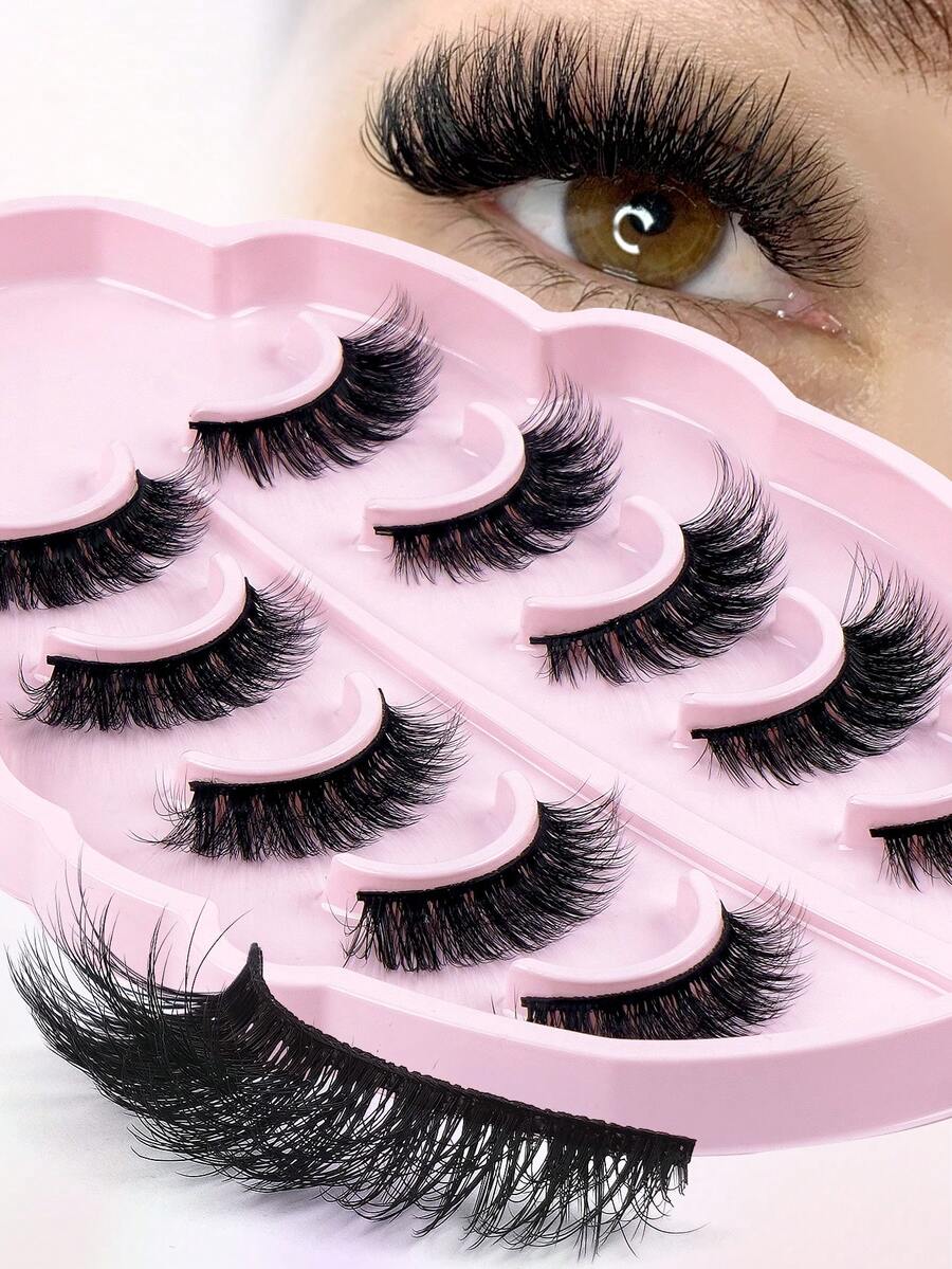 5pairs/Set CC Curl Natural Faux Mink Hair Fluffy Manga Lashes Clear Band Eyelashes Japanese Cosplay Faux Mink Lashes Dramatic Anime Lashes,Cat Eye Fox Eye Imitation Mink False Eyelashes Sexy Lashes Extension Makeup Cat Eye False Eyelashes 3d Faux Mink Eyelashes Soft Natural Makeup,Pink Leaf Tray, Suitable For Travel,Work Party Carrying,Nice Gift,Christmas Gift For Women - 濃密款 - 查看 1