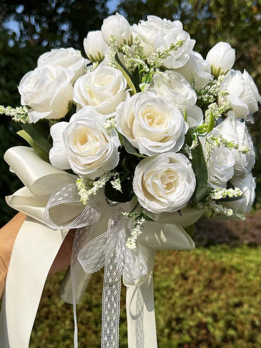 1件新娘婚禮手捧花 人造玫瑰繩柄 手持花束 婚禮儀式 週年紀念 新娘派對 婚禮派對裝飾 餐桌裝飾