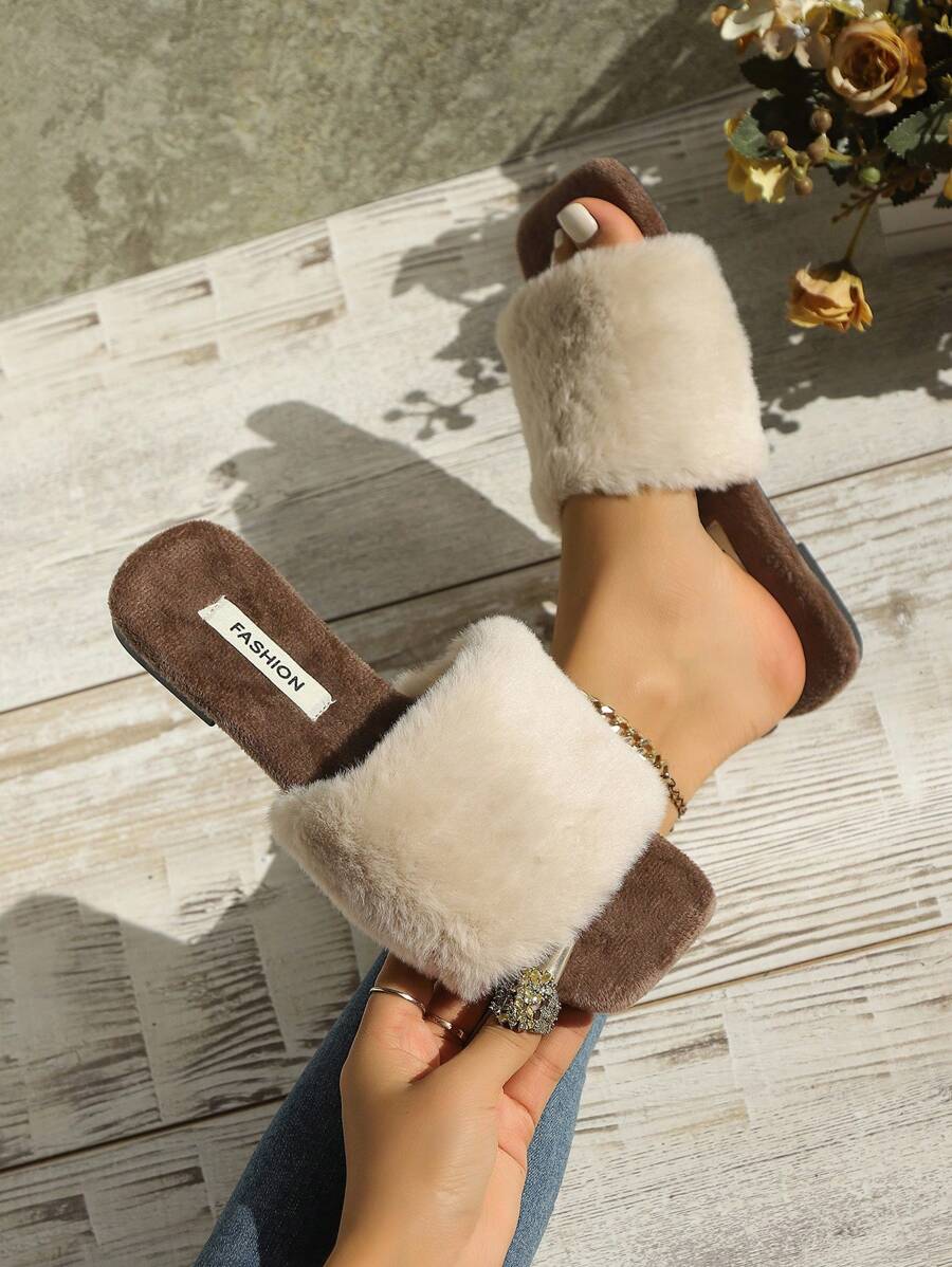 Women's Vintage Square Toe Fluffy Flat Slide Sandals, Minimalist Style ...
