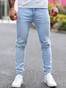 Men's Elastic Faded Distressed Light Wash Denim Jeans - Light Wash - View 6