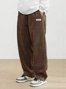 2pcs Teen Boys Loose Fit Letter Print Decorative Corduroy Straight Leg Casual Pants, Versatile Autumn/Winter