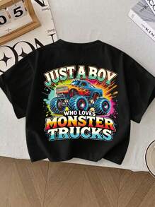 Young Boy Monster Truck Print And Slogan Pattern Casual Loose Round Neck Short Sleeve T-Shirt, Suitable For Spring And Summer. - Black - View 1