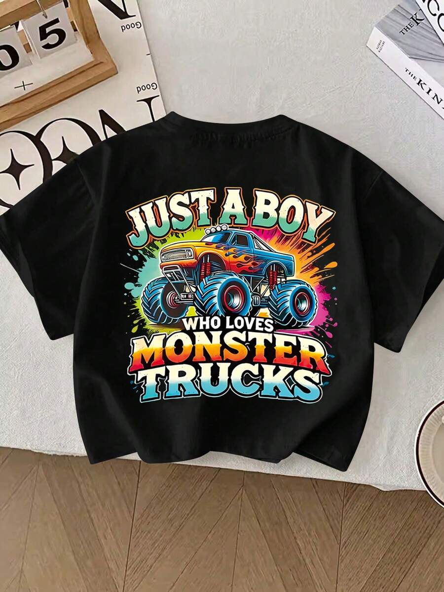 Young Boy Monster Truck Print And Slogan Pattern Casual Loose Round Neck Short Sleeve T-Shirt, Suitable For Spring And Summer. - Black - View 1