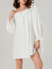 Women's Lace Ruffle Solid Color Loose Doll Collar Long Sleeved A-Line Lantern Sleeve DressS Streetwear Travel - 白色 - 查看 3