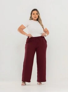PLUS SIZE PANTS, WIDE LEG, HIGH WAIST WITH ELASTIC DUNA FABRIC - Màu Đỏ Sâu - Xem 5