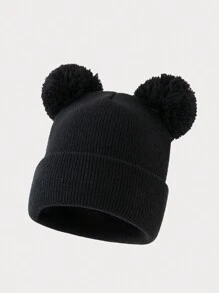 1 pieza Gorro de punto de unicolor y versátil con dos bolas, adecuado para outfits casuales de otoño/invierno de mujer