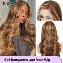 PAZAT Highlight Piano 13x4 Lace Front Wig Human Hair 28 Inch Body Wave Honey Blonde Transparent Lace Frontal Wigs For Women 180 Density Human Hair With Baby Hair Short Bob Wigs(8-14inch)