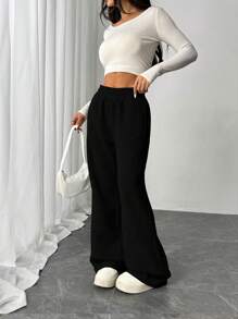 Women's Casual Solid Color Elastic Waist Pocket Loose Flared Pants, Women's Sweatpants, Suitable For Street, Daily Wear, Valentine's Day, New Year, Comfortable Street Wear - Black - View 4