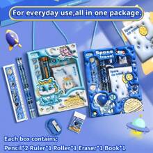 Juego De Papelería Escolar Dibujos Animados 3D Con Libreta Lápices - Azul - Ver 6