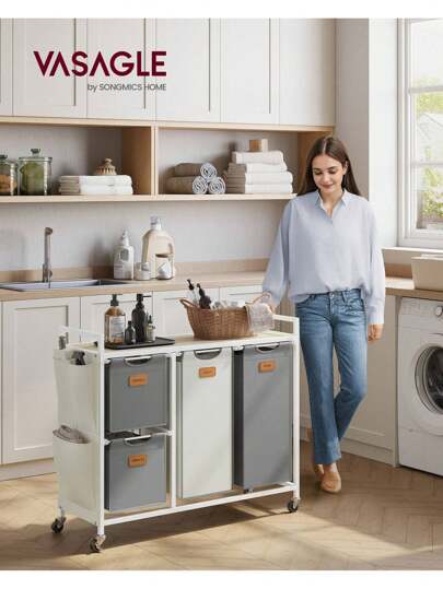 VASAGLE Cesto Portabiancheria a 4 Scomparti, Porta Biancheria 150 L, Carrello per Biancheria con Piano, Sacchi, Tasche Laterali, 6 Etichette, Beige Naturale, Grigio Tortora e Bianco Crema
