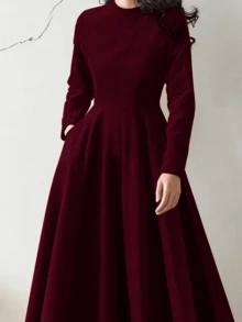 Women Plus Size Solid Color Round Neck Long Sleeve Pocketed Long Elegant Dress