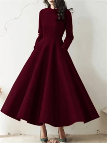 Women Plus Size Solid Color Round Neck Long Sleeve Pocketed Long Elegant Dress