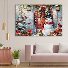 1 Pc Snowman And Santa Wall Background Canvas Art Frameless Wall Decoration Wooden Framed Canvas Painting Thickness 2.25cm/0.9inch High Quality Wall Art Prints Poster Direct Hanging Wall Picture Decor For Home Gifts, Gift, Decoration,Living Room, Bathroom, Bedroom, Kitchen