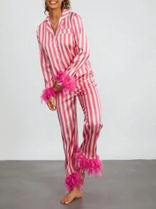 Women's 2 Piece Satin Pajama Set Long Sleeve Lapel Neck Striped Tops Elastic Waist Patchwork Feather Pants Sleepwear Outfit - Hồng - Xem 4