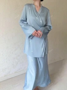 2pcs Set Elegant Women's Fashion Personalized Long Sleeve Retro Printed Satin V-Neck Dress Suit, Retro Top & Skirt