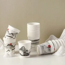 50PCS山水画不同图案纸杯加厚办公室家用商用饮料杯防滑防漏250ML适合家庭聚餐户外露营办公室一次性纸杯
