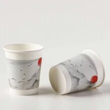 50PCS山水画不同图案纸杯加厚办公室家用商用饮料杯防滑防漏250ML适合家庭聚餐户外露营办公室一次性纸杯