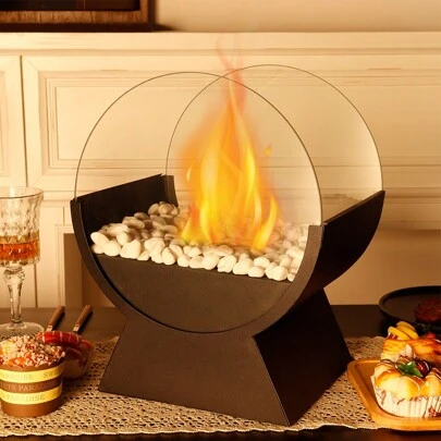 Chimenea de mesa redonda grande de bioetanol, olla portátil de 34 cm de alto, brasero de vidrio, chimenea de bioetanol de metal para interior, jardín, balcón, patio, sala de estar, mesa de comedor al aire libre, cocina