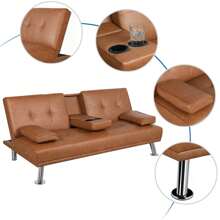 Renwick LuxuryGoods Modern Faux Leather Futon With Cupholders And Pillows, Brown - 棕色 - 查看 6