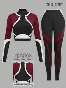 مجموعة رياضية للنساء تتكون من توب قطعة واحدة بتصميم بلوكات اللون وتايتس ضيقة، وبلوفر نصف سحاب للنساء،ومجموعة بنطلون ضيق مرن للنساء للرياضة والياوغا واللياقة البدنية والصدرية الرياضية - متعدد الألوان - مشاهدة 1