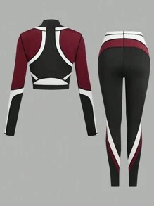 مجموعة رياضية للنساء تتكون من توب قطعة واحدة بتصميم بلوكات اللون وتايتس ضيقة، وبلوفر نصف سحاب للنساء،ومجموعة بنطلون ضيق مرن للنساء للرياضة والياوغا واللياقة البدنية والصدرية الرياضية - متعدد الألوان - مشاهدة 2