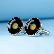 1 件地球月球木星袖扣金属合金袖扣玻璃镶嵌星球时尚天文珠宝礼物