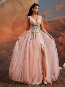 VIPGIRL Elegant Peach Pink V-Neck Long Tulle Evening Dress, Floral Embroidered High Slit Ball Gown, Dreamy Princess Prom Dress, Women Formal & Evening Dresses Party Dress Wedding Guest Dress