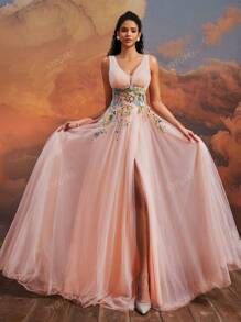 VIPGIRL Elegant Peach Pink V-Neck Long Tulle Evening Dress, Floral Embroidered High Slit Ball Gown, Dreamy Princess Prom Dress, Women Formal & Evening Dresses Party Dress Wedding Guest Dress