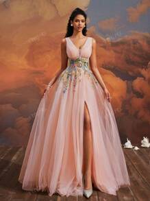 VIPGIRL Elegant Peach Pink V-Neck Long Tulle Evening Dress, Floral Embroidered High Slit Ball Gown, Dreamy Princess Prom Dress, Women Formal & Evening Dresses Party Dress Wedding Guest Dress