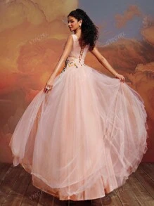 VIPGIRL Elegant Peach Pink V-Neck Long Tulle Evening Dress, Floral Embroidered High Slit Ball Gown, Dreamy Princess Prom Dress, Women Formal & Evening Dresses Party Dress Wedding Guest Dress