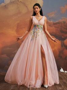 VIPGIRL Elegant Peach Pink V-Neck Long Tulle Evening Dress, Floral Embroidered High Slit Ball Gown, Dreamy Princess Prom Dress, Women Formal & Evening Dresses Party Dress Wedding Guest Dress