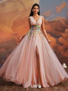 VIPGIRL Elegant Peach Pink V-Neck Long Tulle Evening Dress, Floral Embroidered High Slit Ball Gown, Dreamy Princess Prom Dress, Women Formal & Evening Dresses Party Dress Wedding Guest Dress