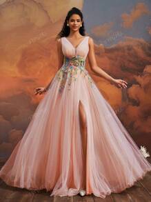 VIPGIRL Elegant Peach Pink V-Neck Long Tulle Evening Dress, Floral Embroidered High Slit Ball Gown, Dreamy Princess Prom Dress, Women Formal & Evening Dresses Party Dress Wedding Guest Dress