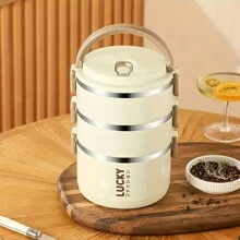 1 pieza Caja de almuerzo aislada multicapa con tapa y asa, fácil de limpiar, adecuada para la escuela, la oficina, el camping y las comidas al aire libre - Beis - Ver 11