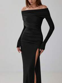 1pc Women Elegant Off Shoulder Long Sleeve Fitted Ruched Long Dress With Side Slit, Back To School For Autumn/Winter, Bardot Design For Christmas & New Year Eve Party Outfit Valentine's Day Party Dress