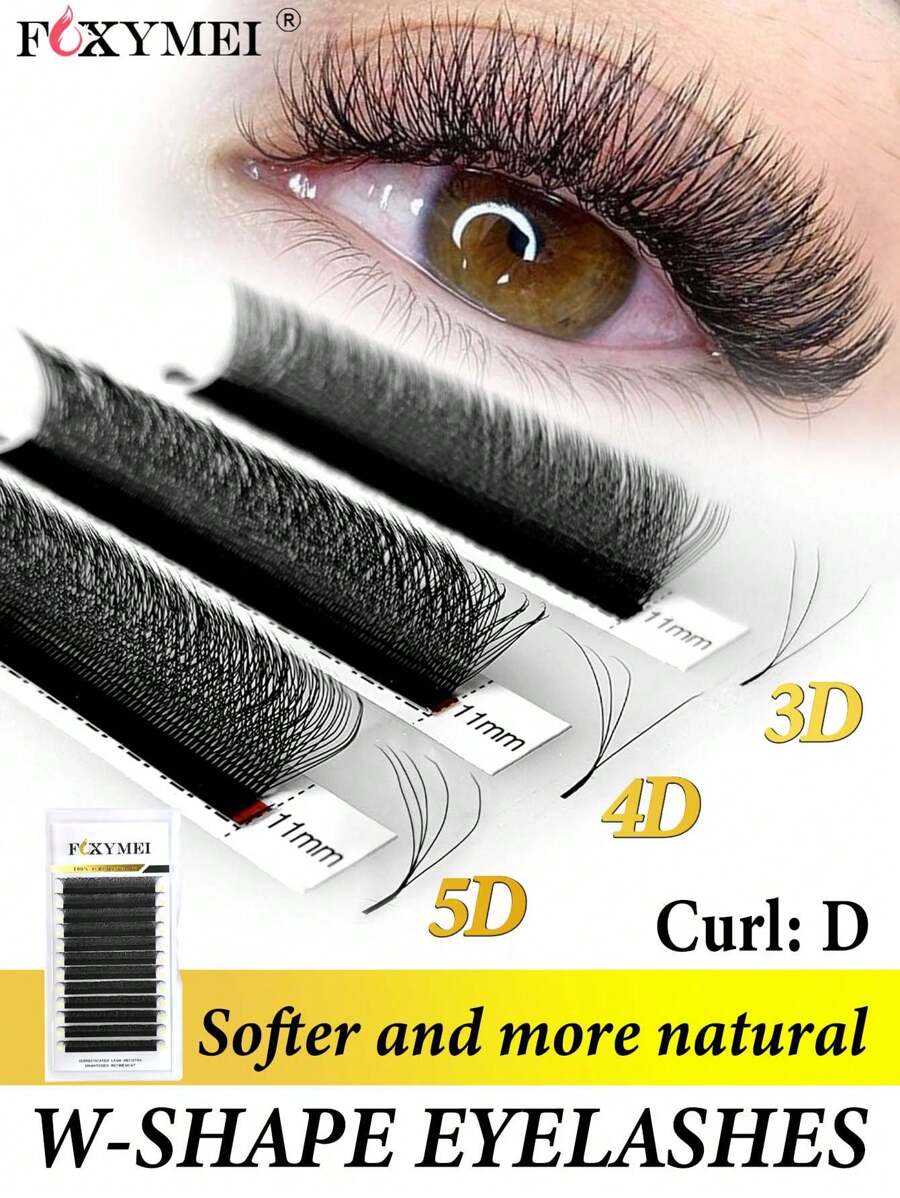 FOXYMEI 12 排 D 卷曲 W 形睫毛 3D/4D/5D W 风格预制卷发扇形 0.07 毫米仿貂皮睫毛延长更柔软自然猫眼纤细睫毛