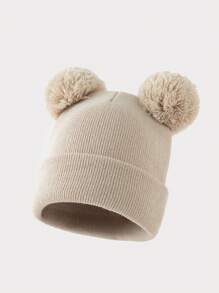 1 pieza Gorro de punto de unicolor y versátil con dos bolas, adecuado para outfits casuales de otoño/invierno de mujer