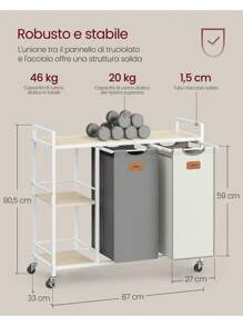 VASAGLE Cesto Portabiancheria a 2 Scomparti, Porta Biancheria 100 L, Carrello per Biancheria, con Ripiani, Sacchi Rimovibili, 6 Etichette, Beige Naturale, Grigio Tortora e Bianco Crema - beige naturale - Visualizzare 5
