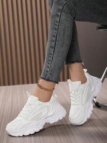 Sporty Front Chunky Sneakers For Women,Colorblock Leather Lace-Up Shoes Women Boots Women Lightweight Breathable Sneakers Women Shoes Outdoor Sports Shoes For Women Running Shoes Comfortable Casual Shoes For Women
