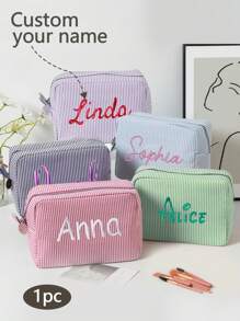 1pc Custom Embroidered Name Makeup Bag,Personalized Bridesmaid Makeup Bag, Seersucker Cosmetic Bag For Girl, Large Capacity Cosmetic Bag, Bridesmaid Bridal Gifts, Makeup Organizer,Multi-Functional,Ornamental,Letter,Solid Color,Exquisite,Stylish,Vintage,Modern,Colorful,Leisure,Basics,Casual,Soft,Unique,Customized,Personalized,Custom,Ideal Gifts For Her,Girlfriend,Her,Grandparents,Family,Boyfriend,Friends,Mother's Day Gifts Women