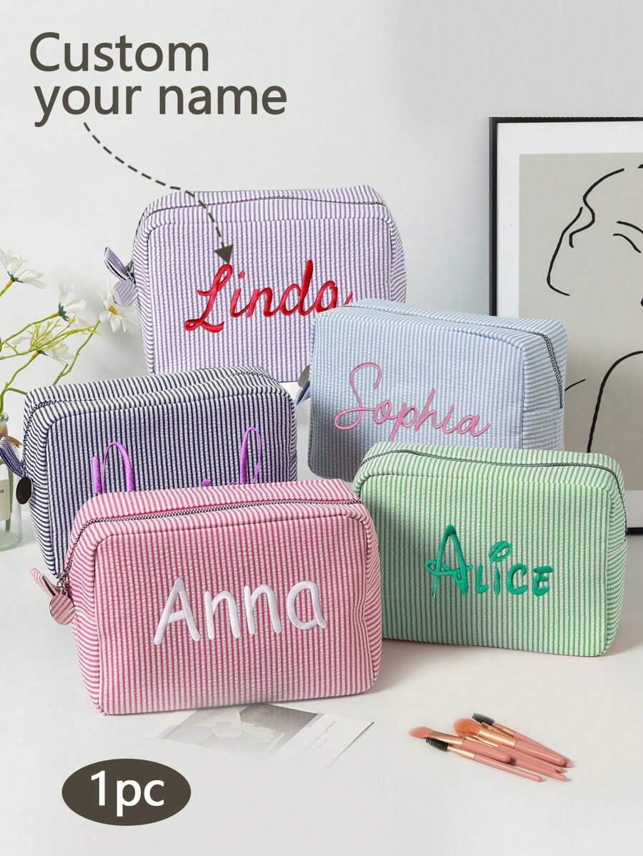 1pc Custom Embroidered Name Makeup Bag,Personalized Bridesmaid Makeup Bag, Seersucker Cosmetic Bag For Girl, Large Capacity Cosmetic Bag, Bridesmaid Bridal Gifts, Makeup Organizer,Multi-Functional,Ornamental,Letter,Solid Color,Exquisite,Stylish,Vintage,Modern,Colorful,Leisure,Basics,Casual,Soft,Unique,Customized,Personalized,Custom,Ideal Gifts For Her,Girlfriend,Her,Grandparents,Family,Boyfriend,Friends,Mother's Day Gifts Women